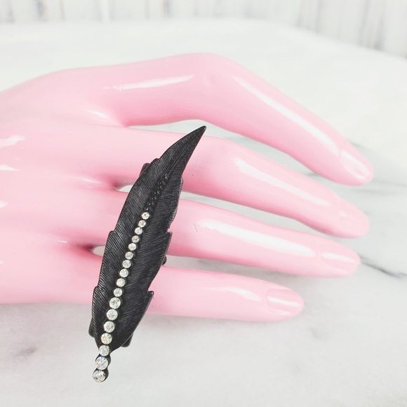 Black Leaf with Crystals Two Finger Ring - Picture 1 of 7